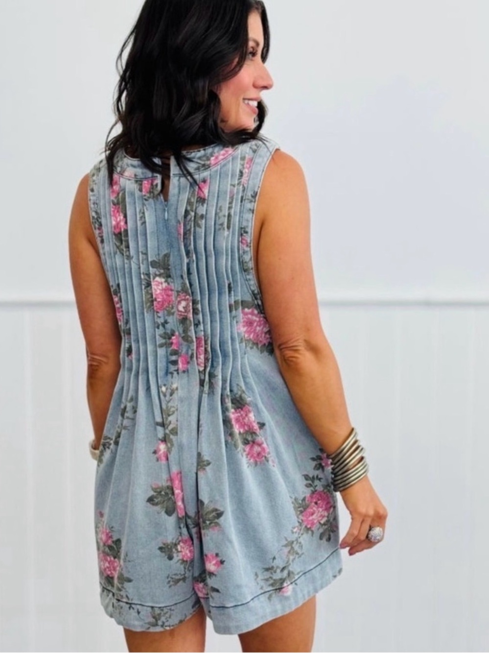 Veveret floral denim sleeveless romper large pleated coquette bow feminine NWOT - Picture 5 of 9